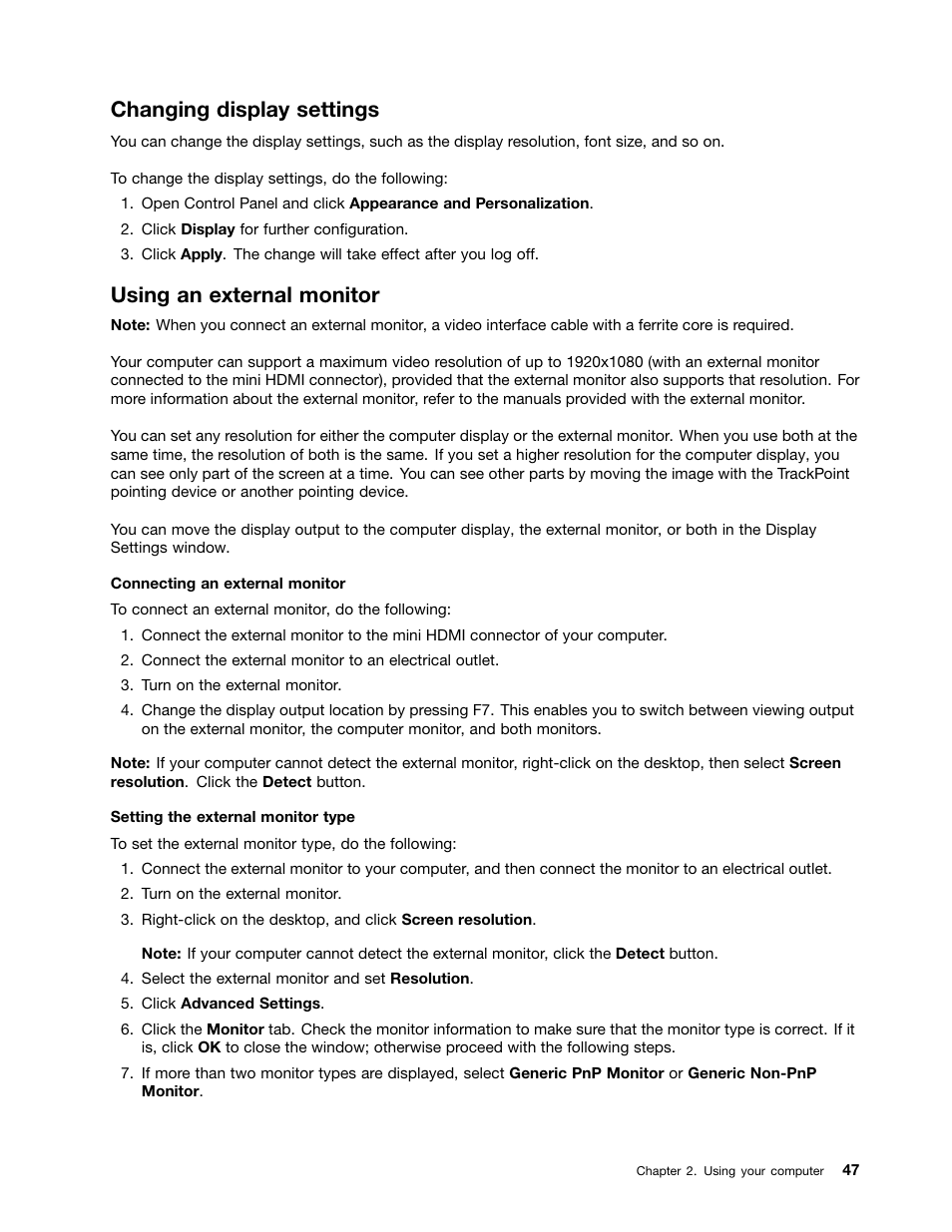 Changing display settings, Using an external monitor | Lenovo ThinkPad Yoga User Manual | Page 63 / 152