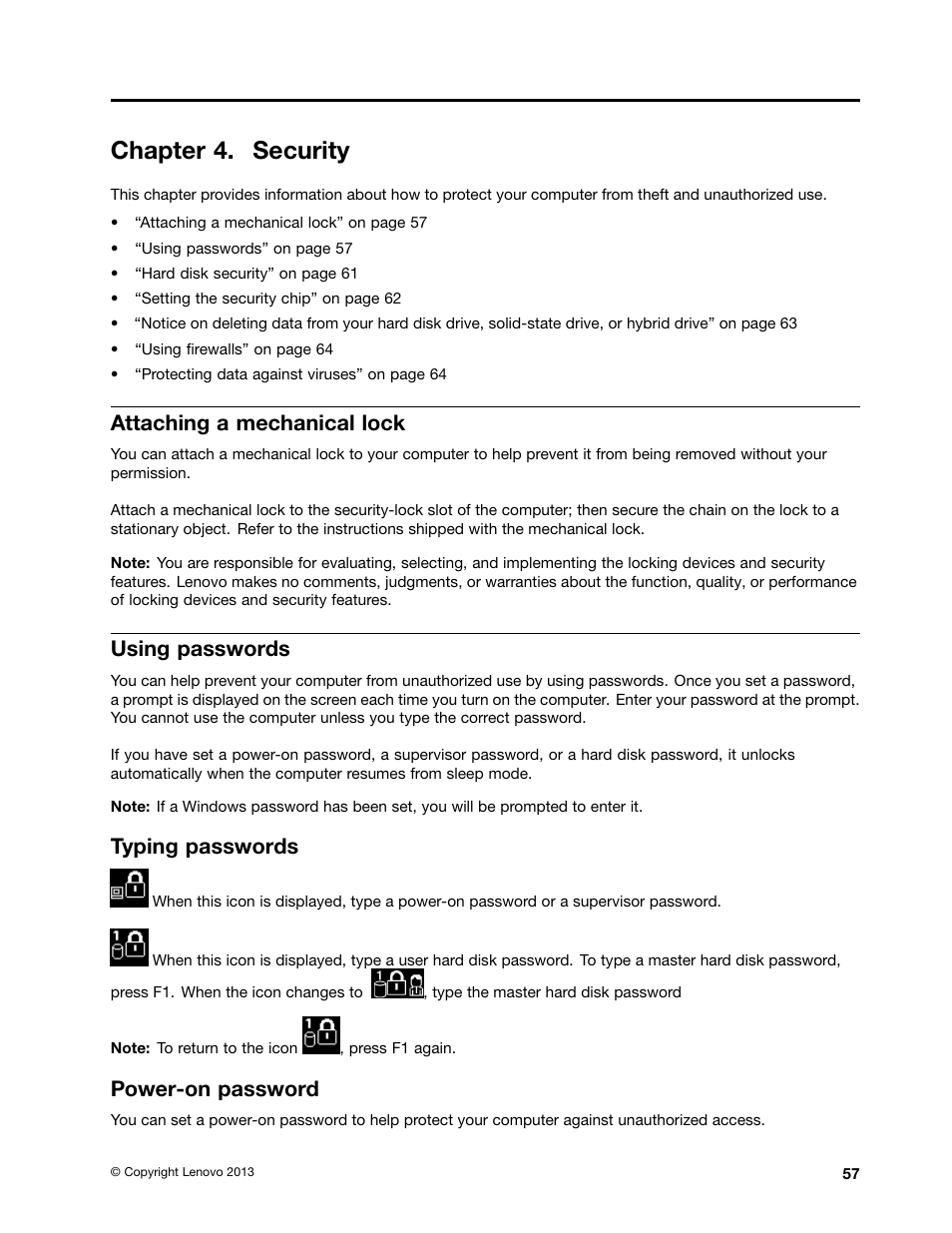 Chapter 4. security, Attaching a mechanical lock, Using passwords | Typing passwords, Power-on password | Lenovo ThinkPad Yoga User Manual | Page 73 / 152