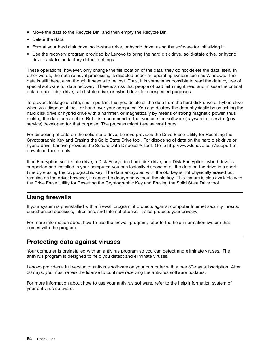 Using firewalls, Protecting data against viruses | Lenovo ThinkPad Yoga User Manual | Page 80 / 152