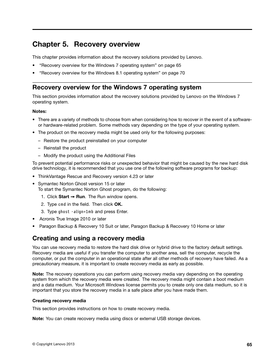 Chapter 5. recovery overview, Creating and using a recovery media | Lenovo ThinkPad Yoga User Manual | Page 81 / 152