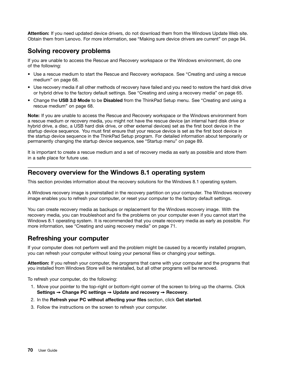 Solving recovery problems, Refreshing your computer | Lenovo ThinkPad Yoga User Manual | Page 86 / 152