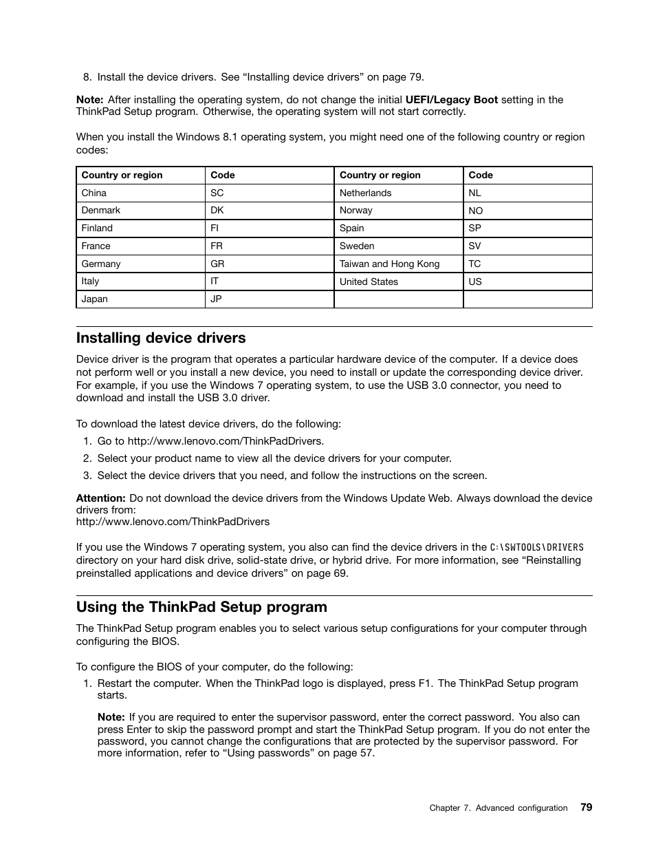 Installing device drivers, Using the thinkpad setup program | Lenovo ThinkPad Yoga User Manual | Page 95 / 152