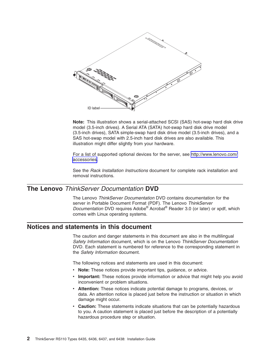 The lenovo thinkserver documentation dvd, Notices and statements in this document, Lenovo | Thinkserver, Documentation, Notices, Statements, This, Document | Lenovo ThinkServer RS110 User Manual | Page 16 / 90