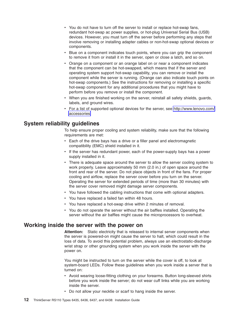 System reliability guidelines, Working inside the server with the power on, System | Reliability, Guidelines, Working, Inside, Server, With, Power | Lenovo ThinkServer RS110 User Manual | Page 26 / 90