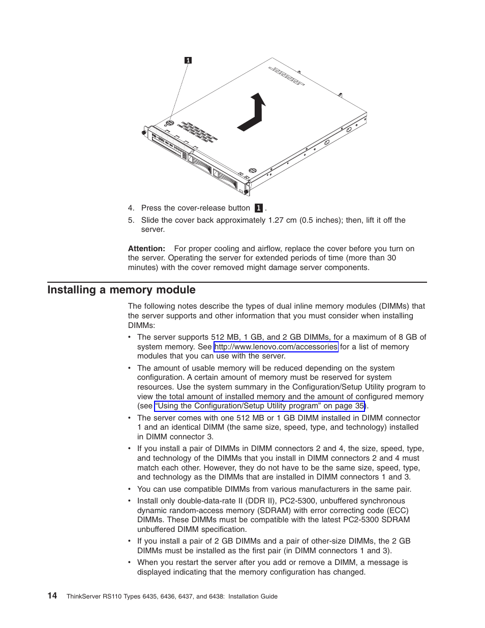 Installing a memory module, Installing, Memory | Module | Lenovo ThinkServer RS110 User Manual | Page 28 / 90
