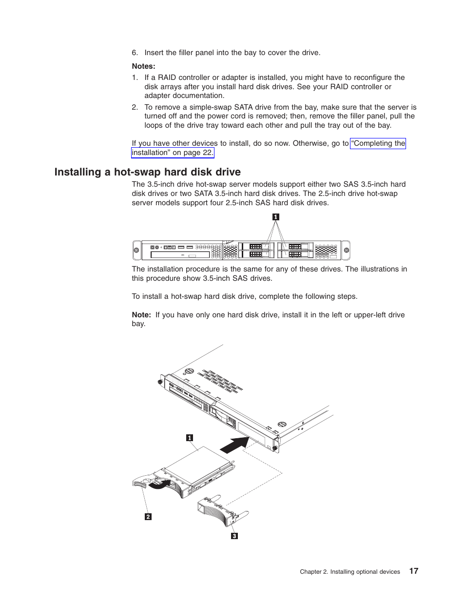 Installing a hot-swap hard disk drive, Installing, Hot-swap | Hard, Disk, Drive | Lenovo ThinkServer RS110 User Manual | Page 31 / 90