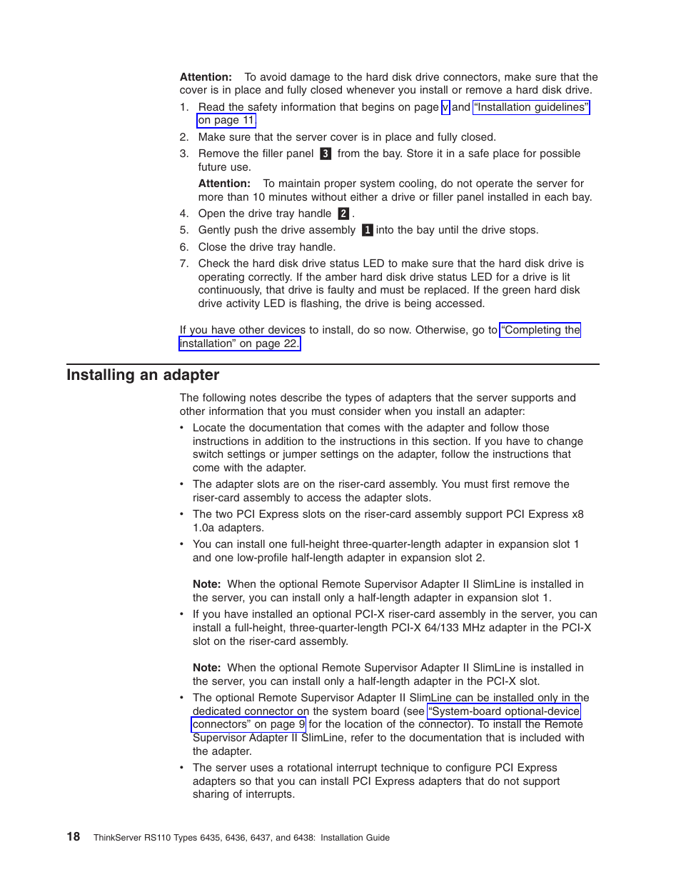 Installing an adapter, Installing, Adapter | Lenovo ThinkServer RS110 User Manual | Page 32 / 90