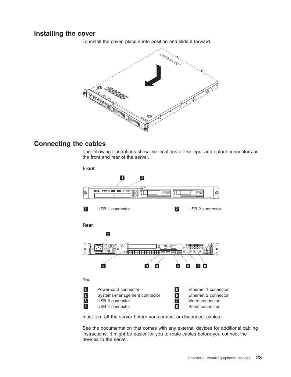 Installing the cover, Connecting the cables, Installing | Cover, Connecting, Cables | Lenovo ThinkServer RS110 User Manual | Page 37 / 90