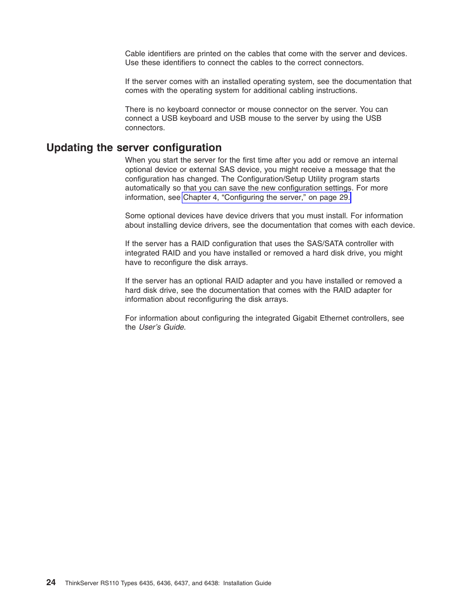 Updating the server configuration, Updating, Server | Configuration | Lenovo ThinkServer RS110 User Manual | Page 38 / 90