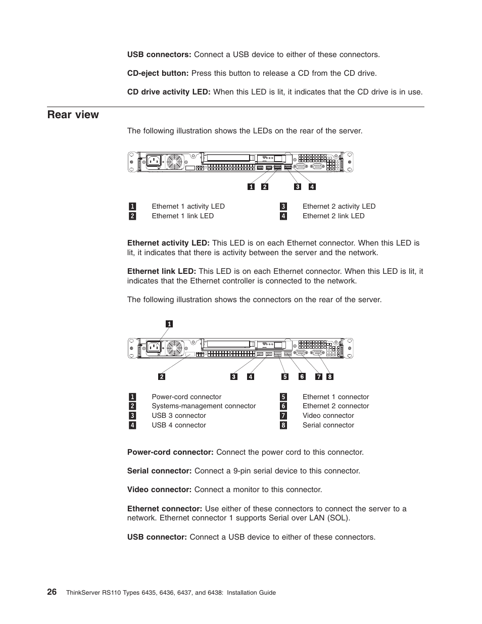 Rear view, Rear, View | Lenovo ThinkServer RS110 User Manual | Page 40 / 90