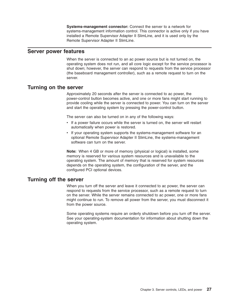 Server power features, Turning on the server, Turning off the server | Server, Power, Features, Turning | Lenovo ThinkServer RS110 User Manual | Page 41 / 90