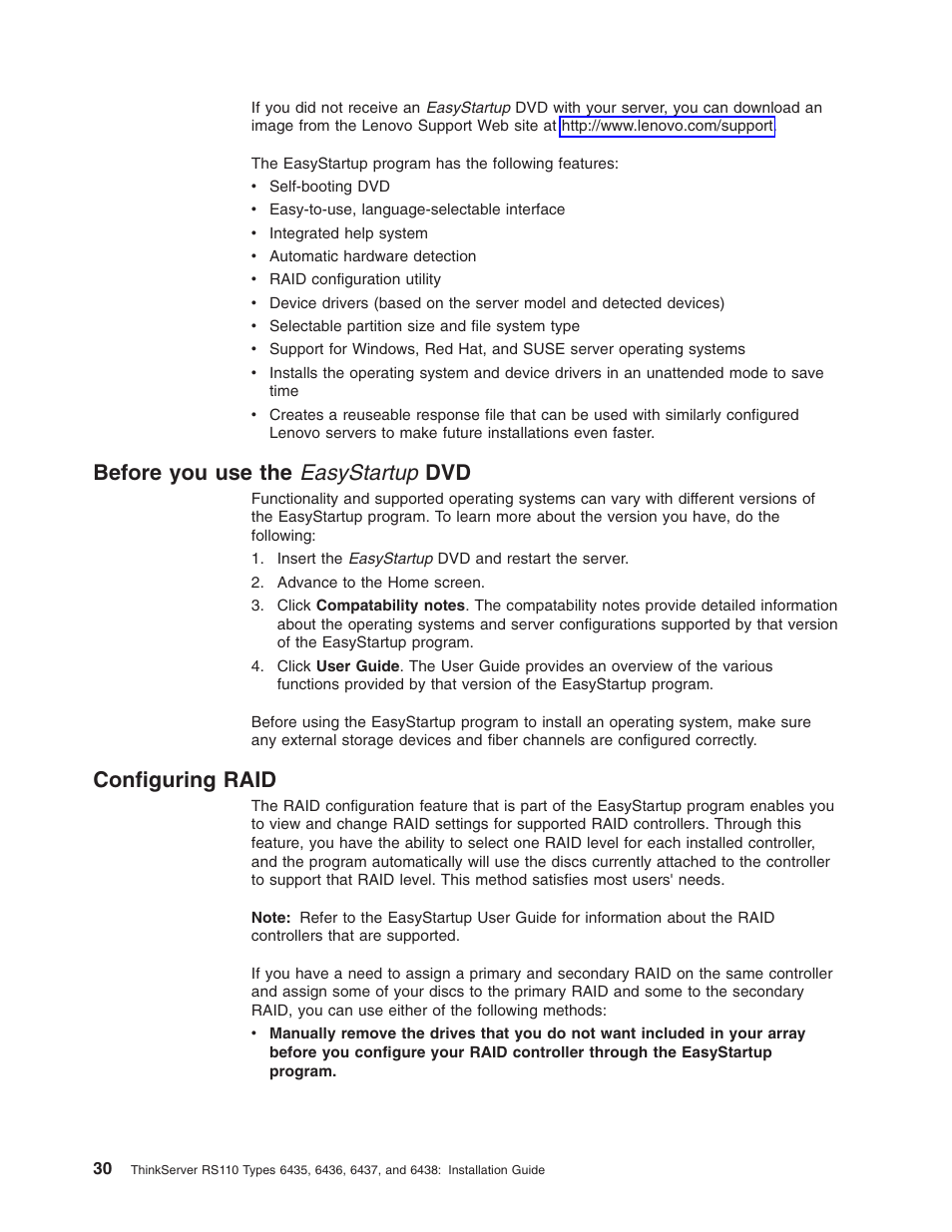 Before you use the easystartup dvd, Configuring raid, Before | Easystartup, Configuring, Raid | Lenovo ThinkServer RS110 User Manual | Page 44 / 90