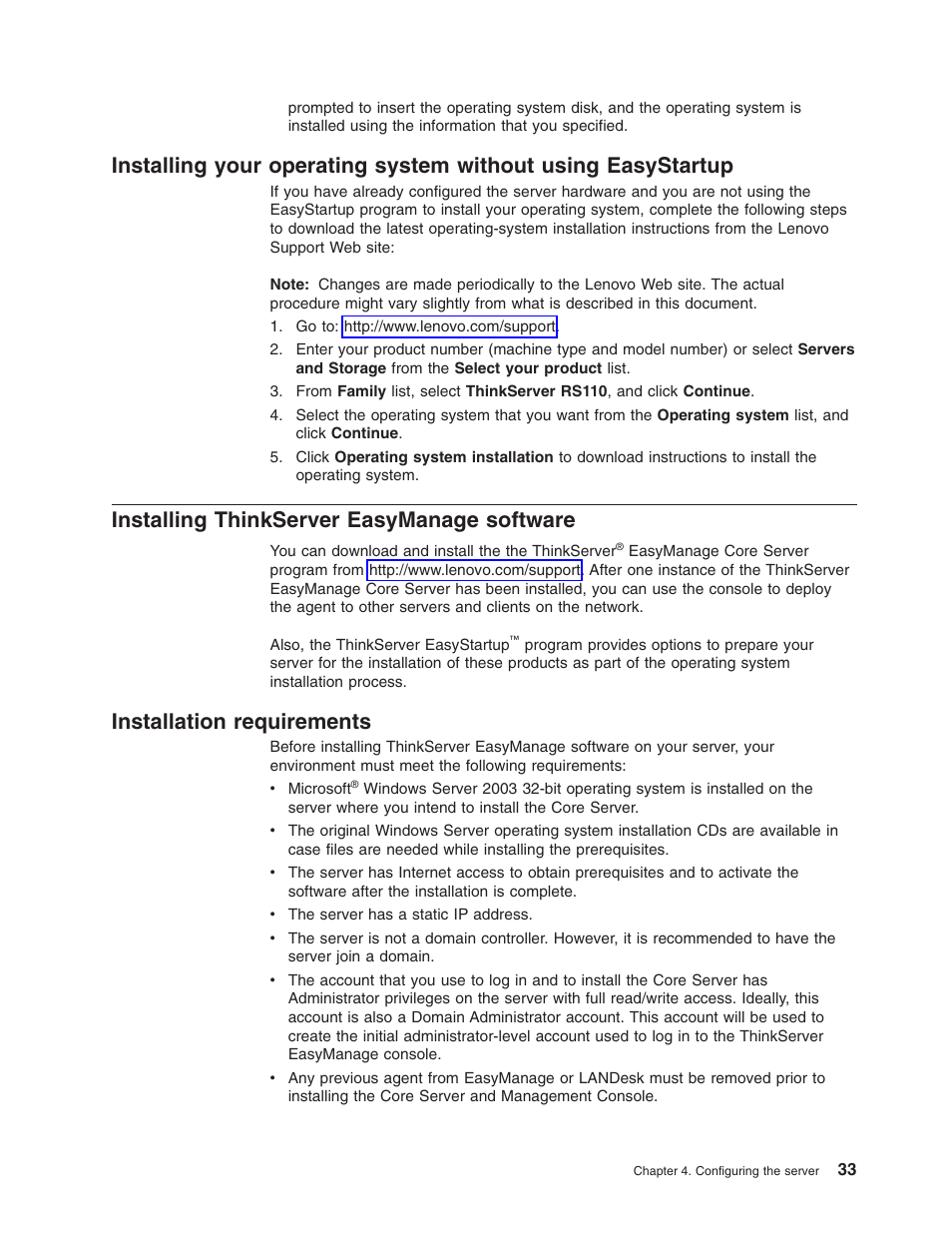 Installing thinkserver easymanage software, Installation requirements, Installing | Your, Operating, System, Without, Using, Easystartup, Thinkserver | Lenovo ThinkServer RS110 User Manual | Page 47 / 90