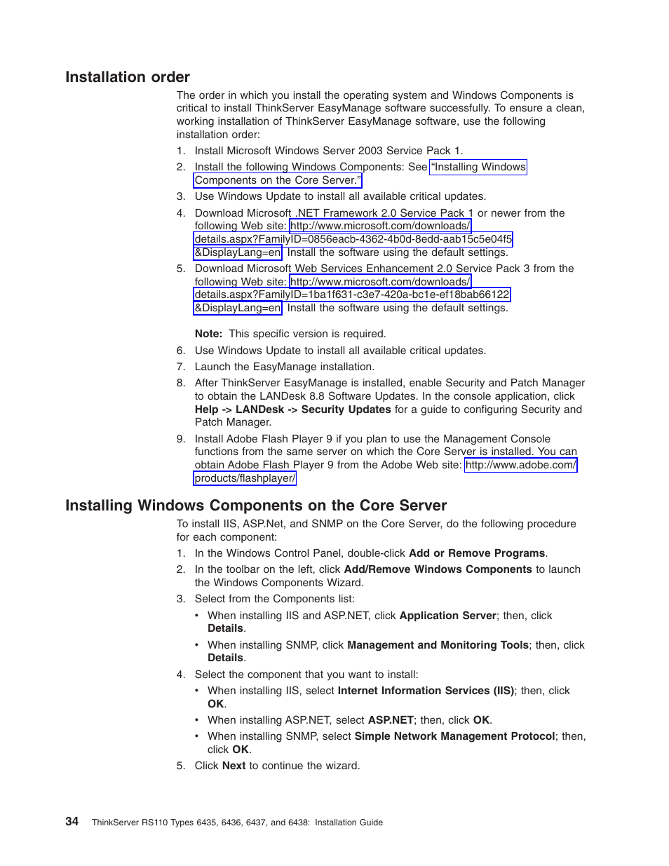 Installation order, Installing windows components on the core server, Installation | Order, Installing, Windows, Components, Core, Server | Lenovo ThinkServer RS110 User Manual | Page 48 / 90