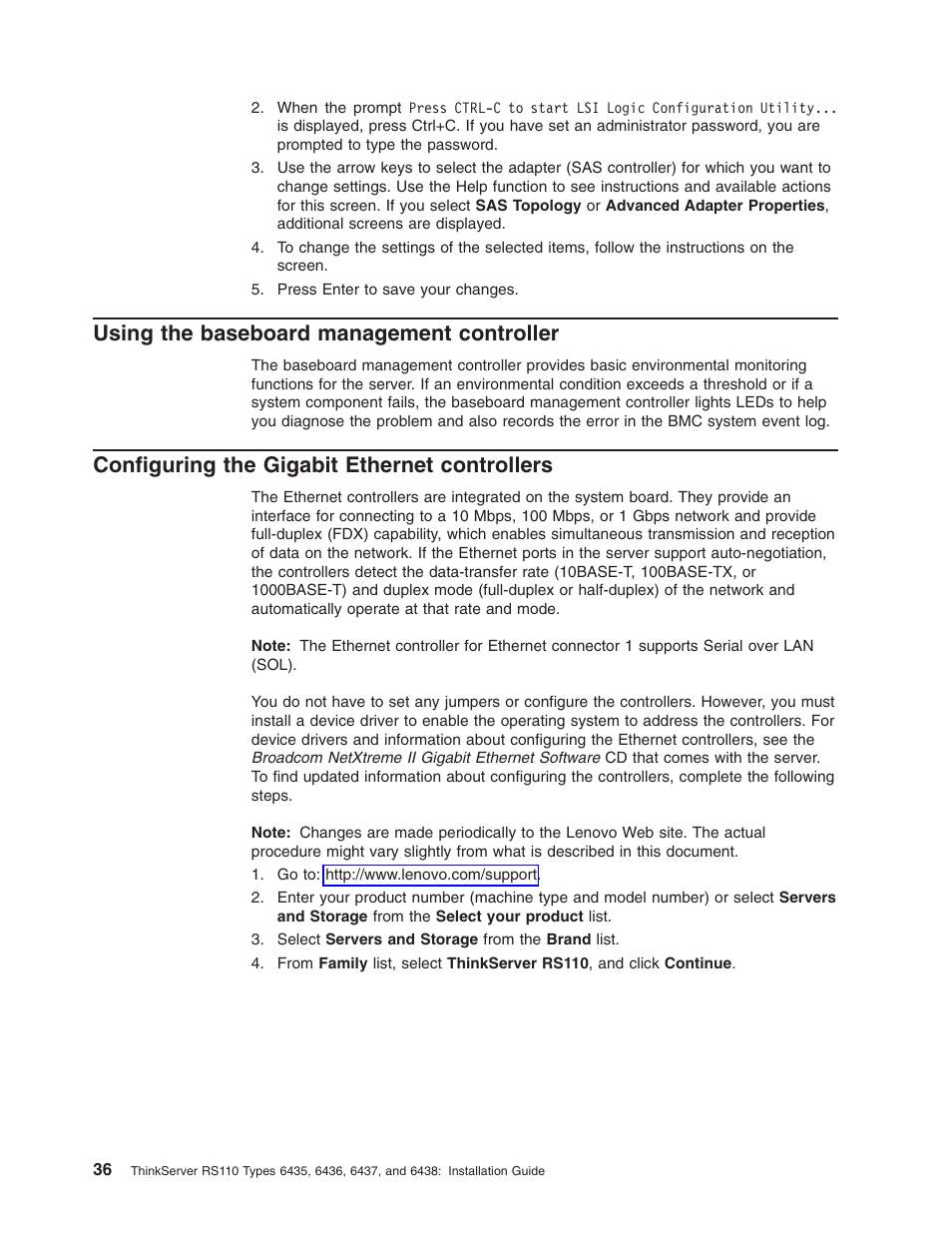 Using the baseboard management controller, Configuring the gigabit ethernet controllers, Using | Baseboard, Management, Controller, Configuring, Gigabit, Ethernet, Controllers | Lenovo ThinkServer RS110 User Manual | Page 50 / 90