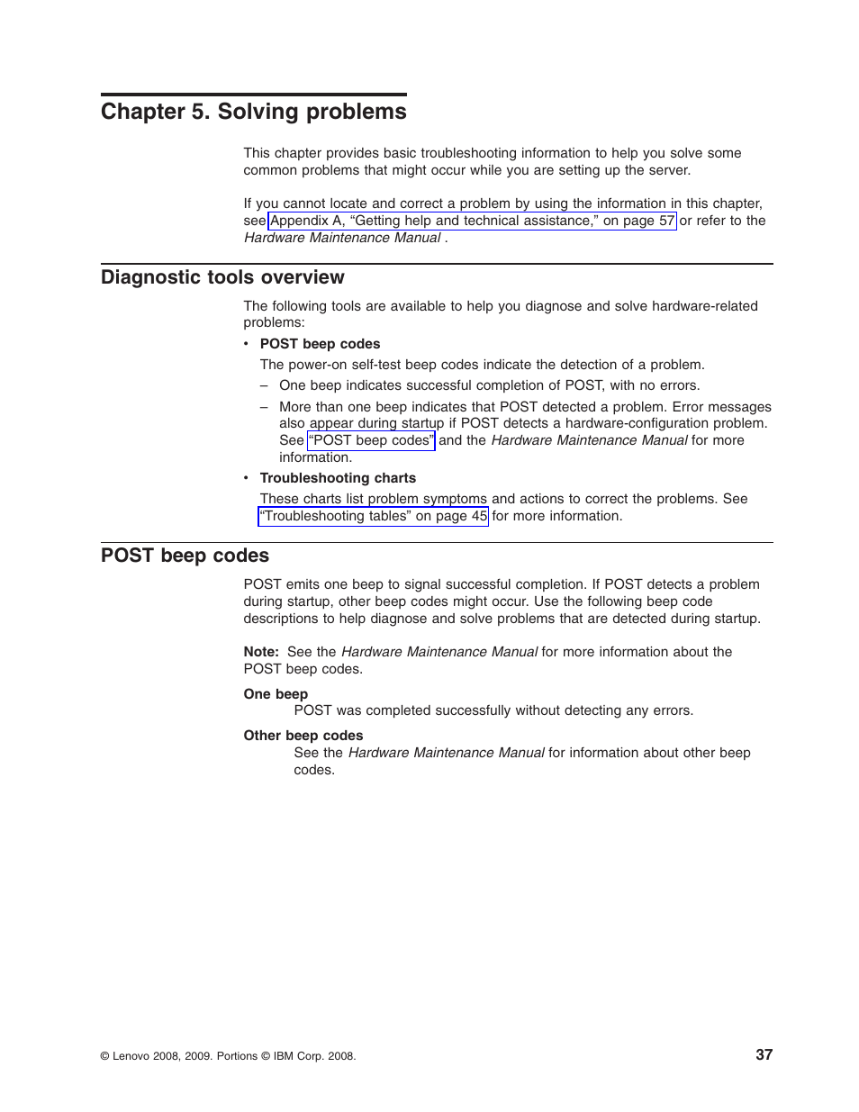 Chapter 5. solving problems, Diagnostic tools overview, Post beep codes | Chapter, Solving, Problems, Diagnostic, Tools, Overview, Post | Lenovo ThinkServer RS110 User Manual | Page 51 / 90