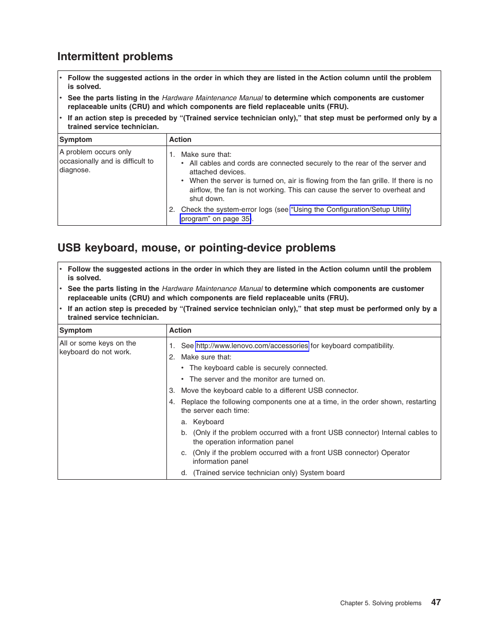 Intermittent problems, Usb keyboard, mouse, or pointing-device problems, Intermittent | Problems, Keyboard, Mouse, Pointing-device | Lenovo ThinkServer RS110 User Manual | Page 61 / 90