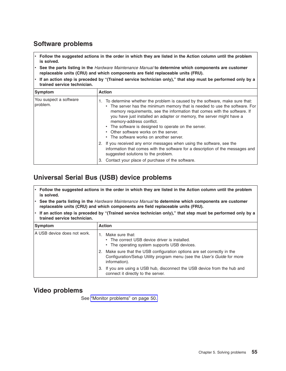 Software problems, Universal serial bus (usb) device problems, Video problems | Software, Problems, Universal, Serial, Usb), Device, Video | Lenovo ThinkServer RS110 User Manual | Page 69 / 90