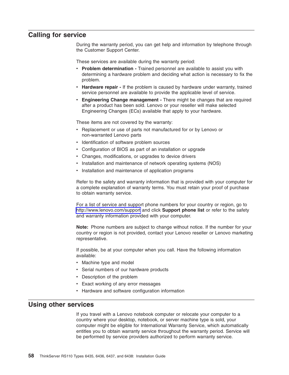 Calling for service, Using other services, Calling | Service, Using, Other, Services | Lenovo ThinkServer RS110 User Manual | Page 72 / 90