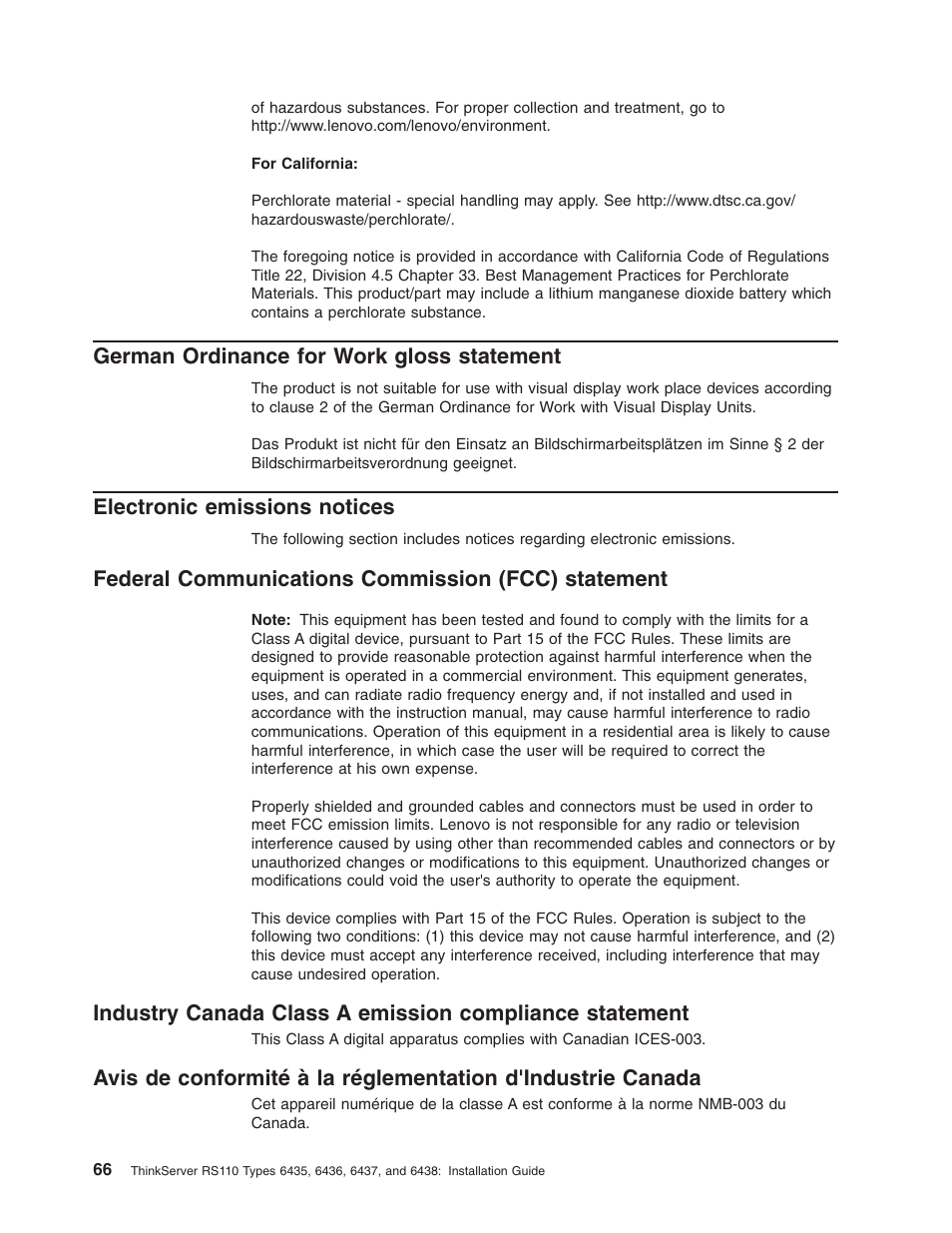 German ordinance for work gloss statement, Electronic emissions notices, Federal communications commission (fcc) statement | German, Ordinance, Work, Gloss, Statement, Electronic, Emissions | Lenovo ThinkServer RS110 User Manual | Page 80 / 90
