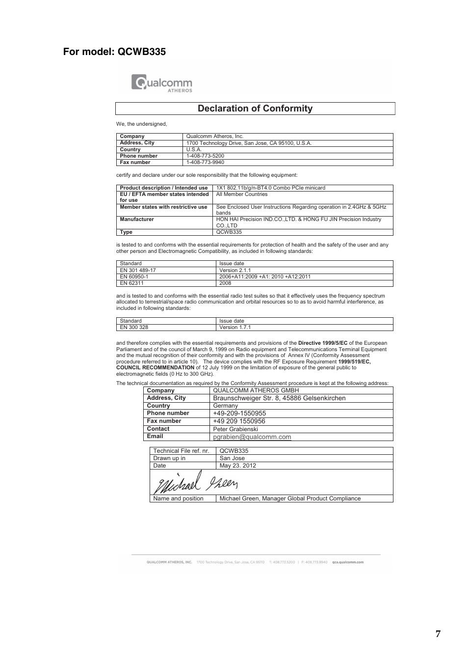 7for model: qcwb335, Declaration of conformity | Lenovo Yoga 2 11 Notebook Lenovo User Manual | Page 7 / 8