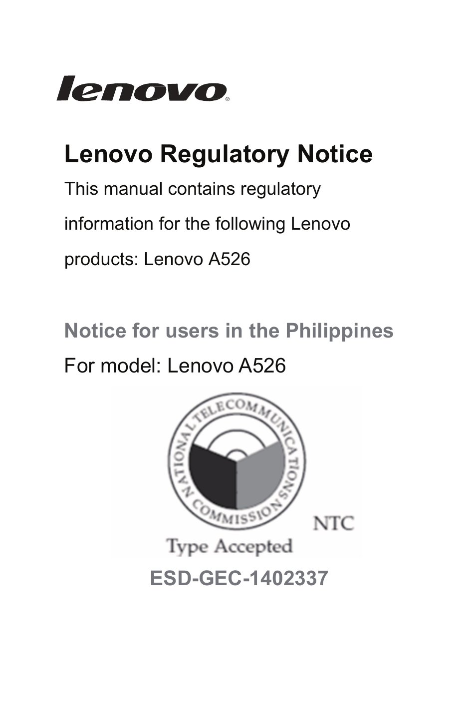 Lenovo A526 Smartphone User Manual | 2 pages