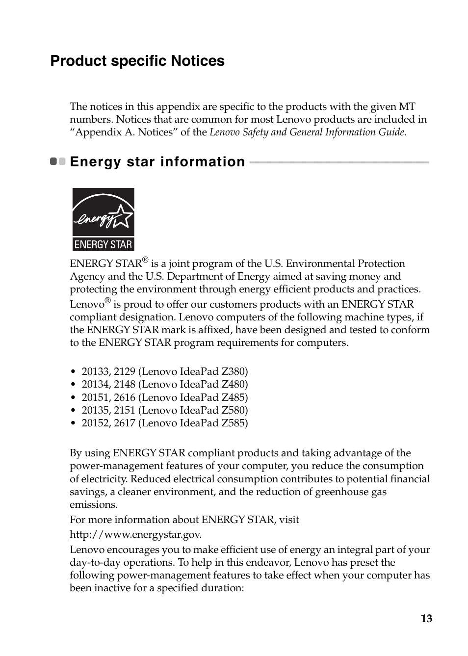 Product specific notices, Energy star information | Lenovo IdeaPad Z480 User Manual | Page 13 / 20