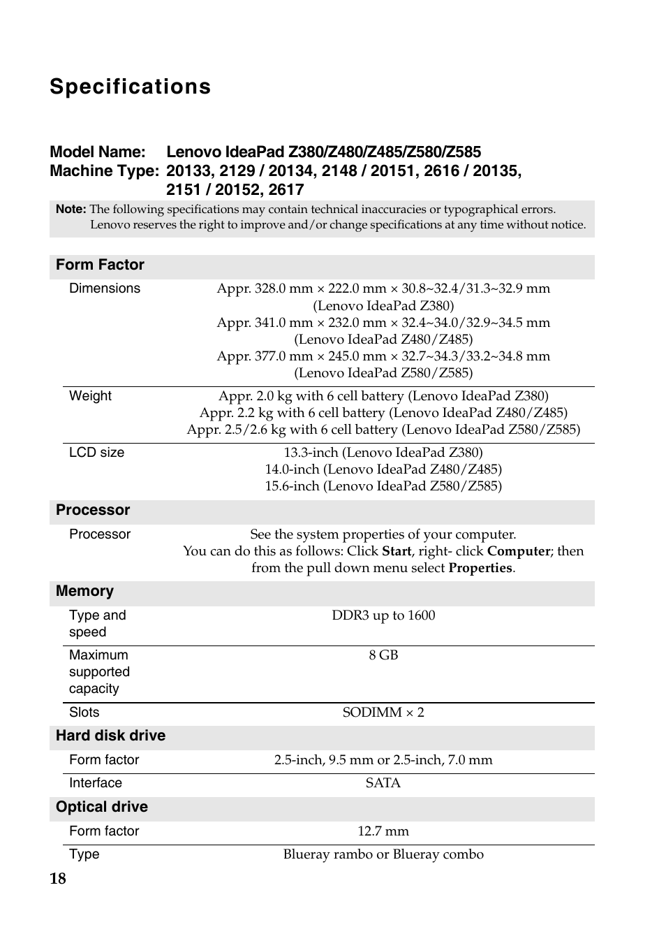 Specifications | Lenovo IdeaPad Z480 User Manual | Page 18 / 20