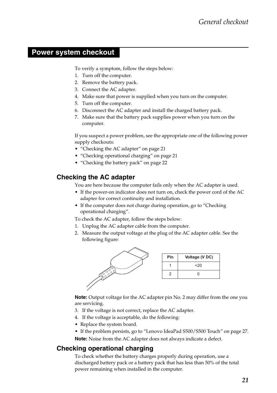 Power system checkout, Checking the ac adapter, Checking operational charging | General checkout | Lenovo IdeaPad S500 Notebook User Manual | Page 25 / 84