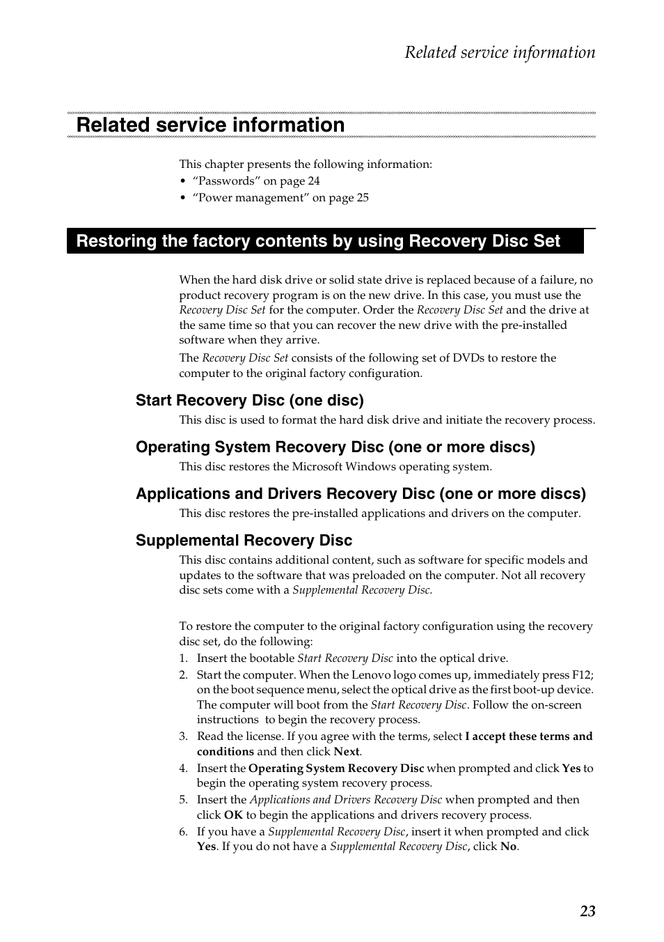 Related service information, Start recovery disc (one disc), Operating system recovery disc (one or more discs) | Supplemental recovery disc | Lenovo IdeaPad S500 Notebook User Manual | Page 27 / 84