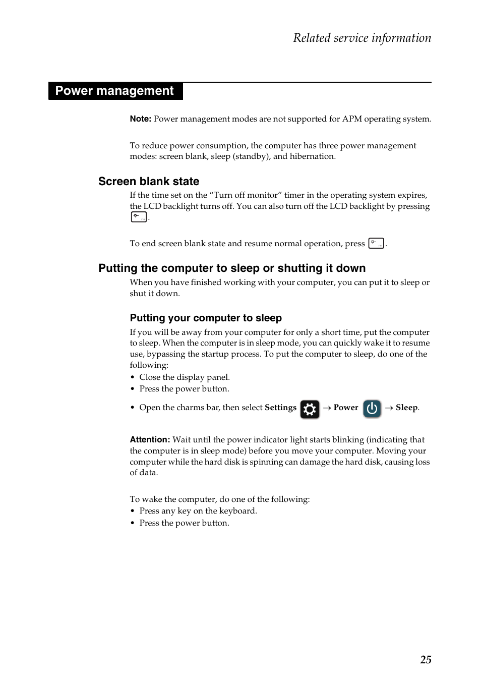 Power management, Screen blank state, Putting the computer to sleep or shutting it down | Related service information | Lenovo IdeaPad S500 Notebook User Manual | Page 29 / 84