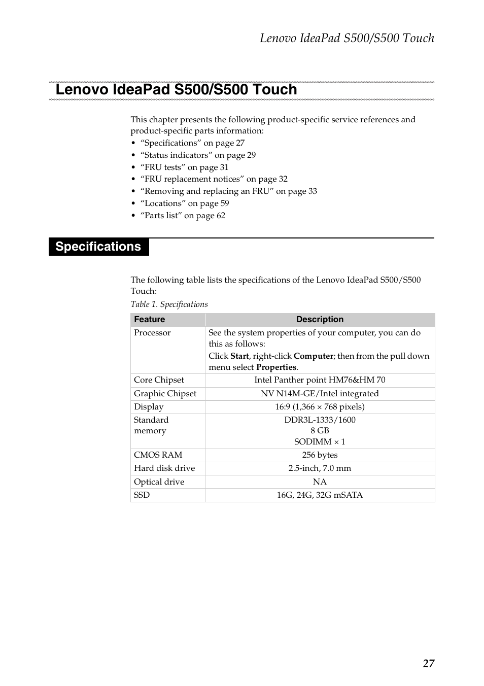 Lenovo ideapad s500/s500 touch, Specifications, Lenovo ideapad s500/s500 touch specifications | Lenovo IdeaPad S500 Notebook User Manual | Page 31 / 84