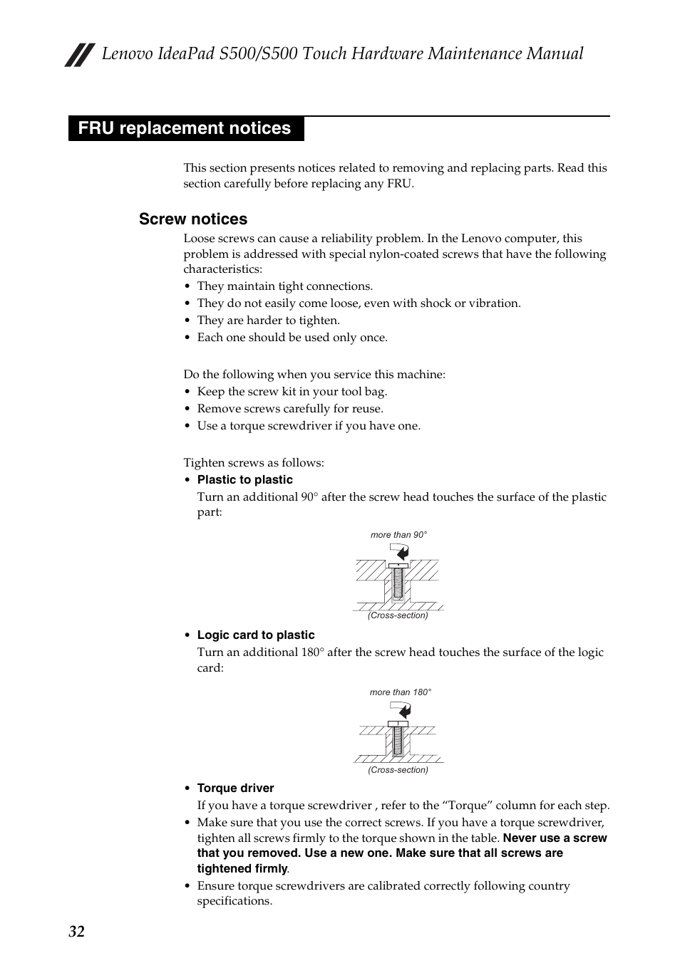 Fru replacement notices, Screw notices | Lenovo IdeaPad S500 Notebook User Manual | Page 36 / 84