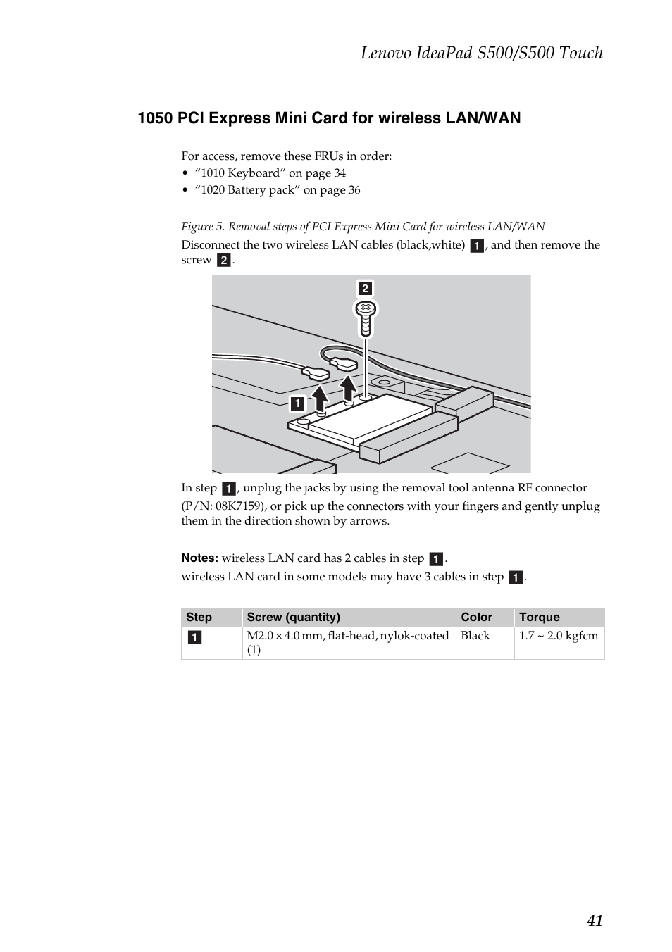 1050 pci express mini card for wireless lan/wan | Lenovo IdeaPad S500 Notebook User Manual | Page 45 / 84