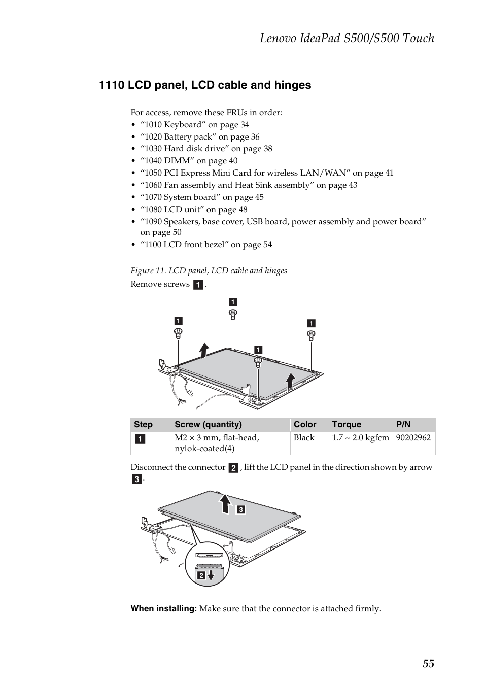 1110 lcd panel, lcd cable and hinges | Lenovo IdeaPad S500 Notebook User Manual | Page 59 / 84