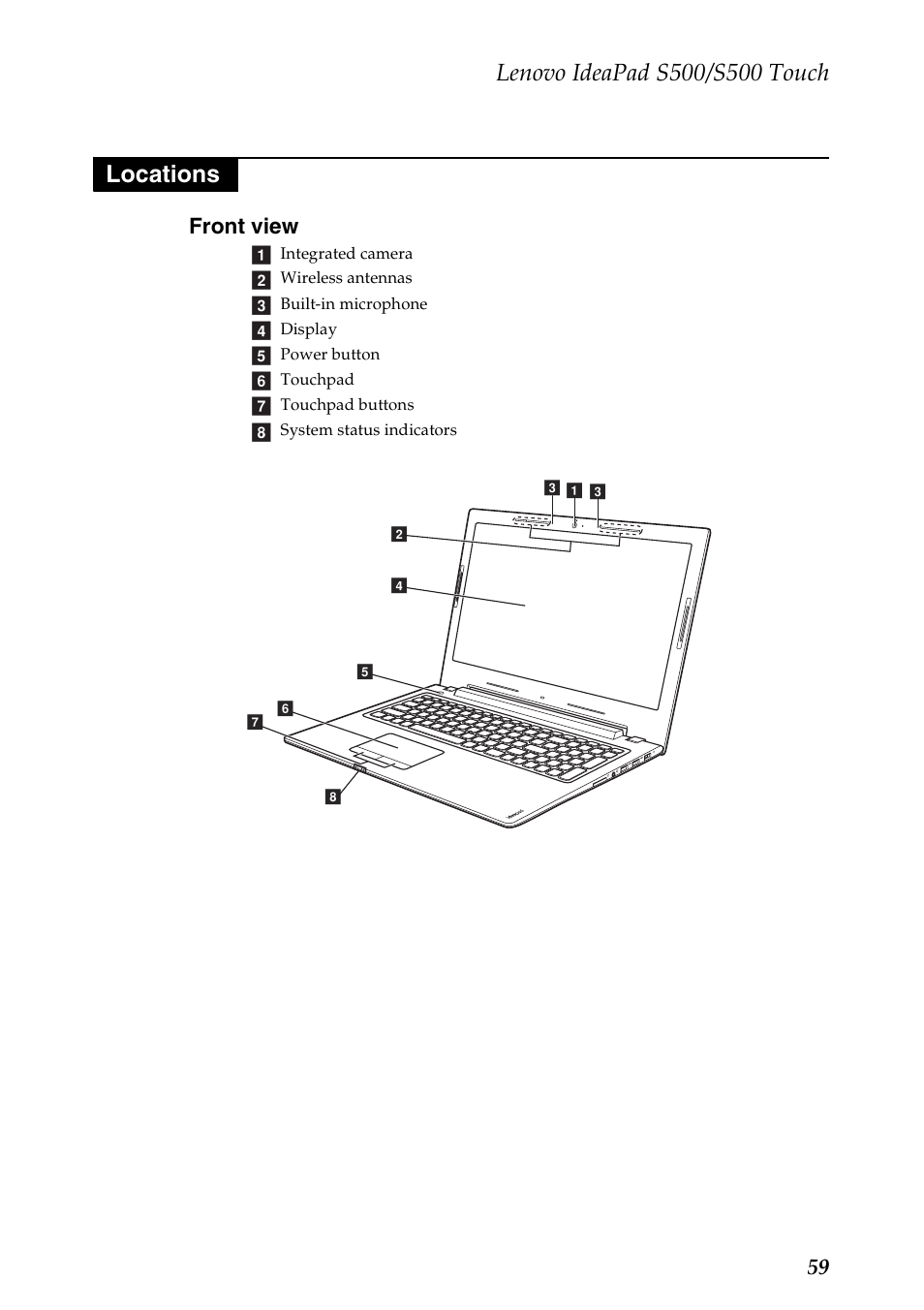 Locations, Front view, 59 front view | Lenovo IdeaPad S500 Notebook User Manual | Page 63 / 84