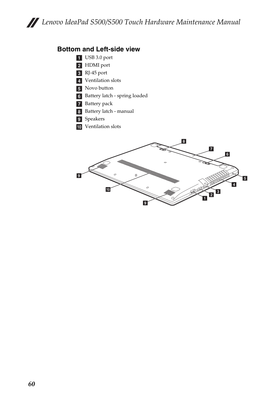 Bottom and left-side view, 60 bottom and left-side view | Lenovo IdeaPad S500 Notebook User Manual | Page 64 / 84