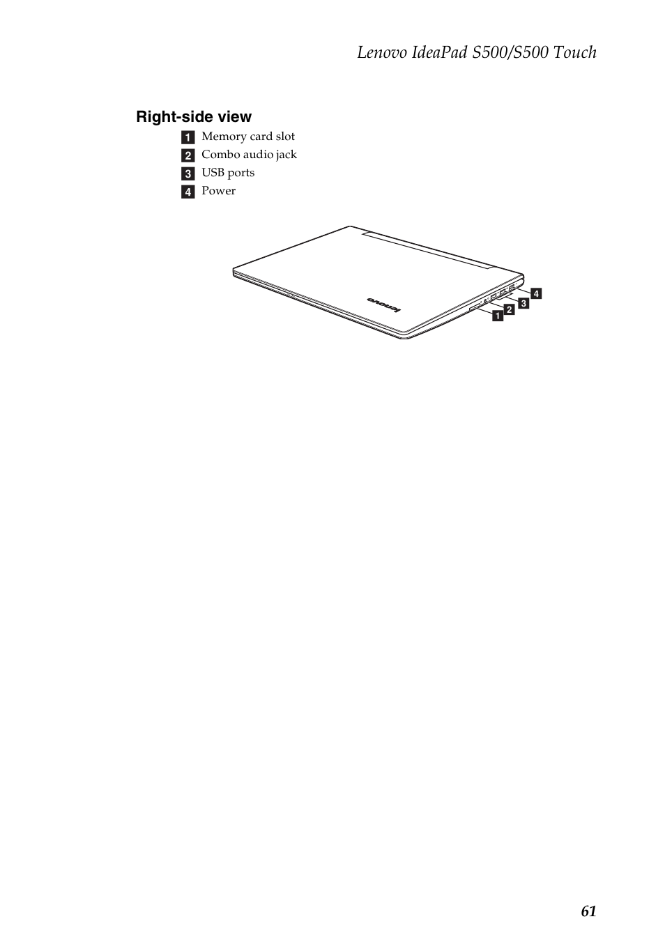 Right-side view, 61 right-side view | Lenovo IdeaPad S500 Notebook User Manual | Page 65 / 84