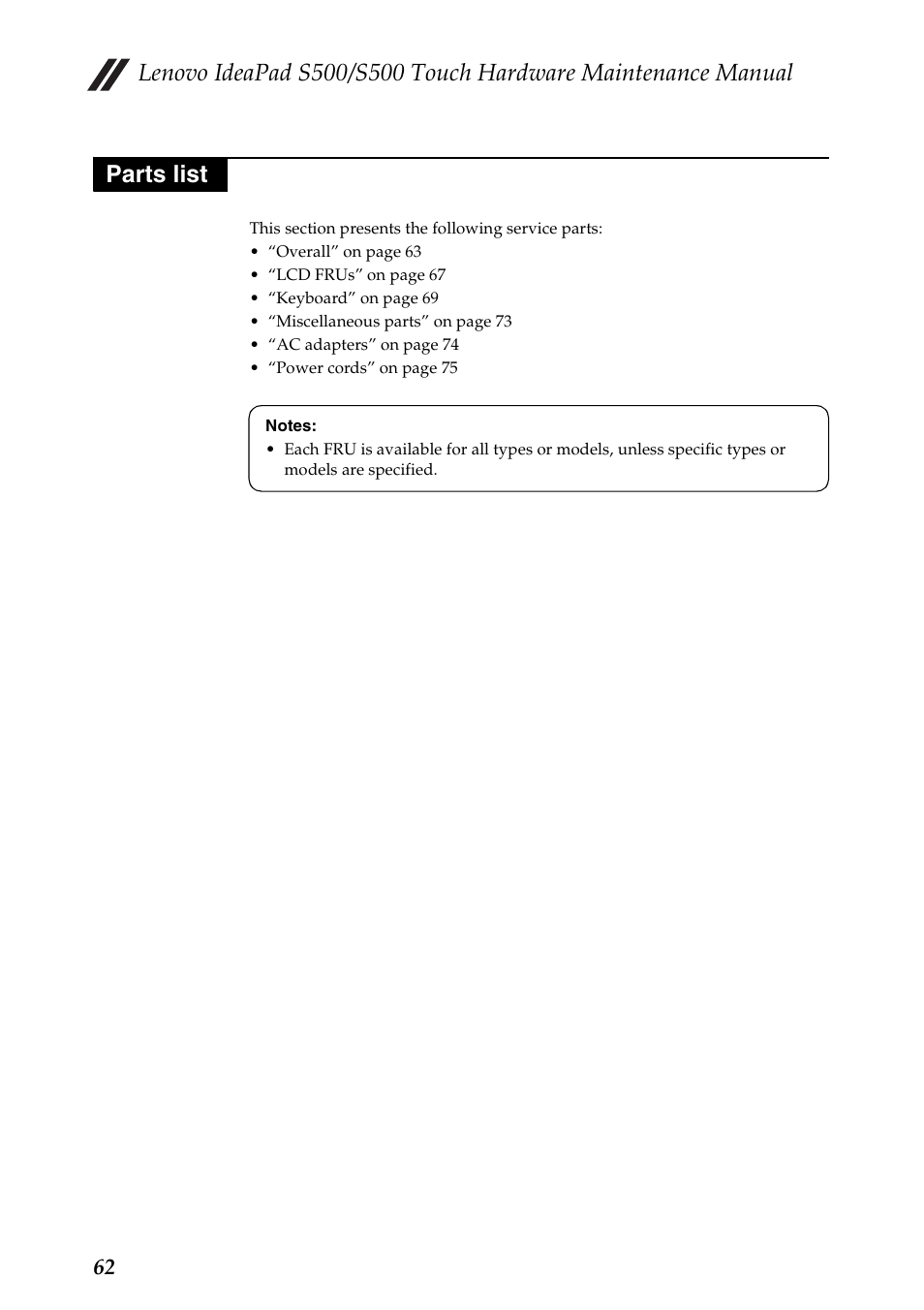 Parts list | Lenovo IdeaPad S500 Notebook User Manual | Page 66 / 84