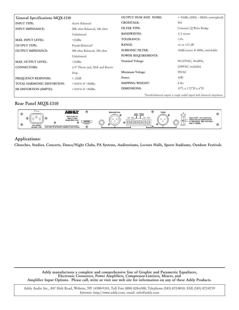 Applications, Rear panel mqx-1310 | Ashly MQX-1310 User Manual | Page 2 / 2