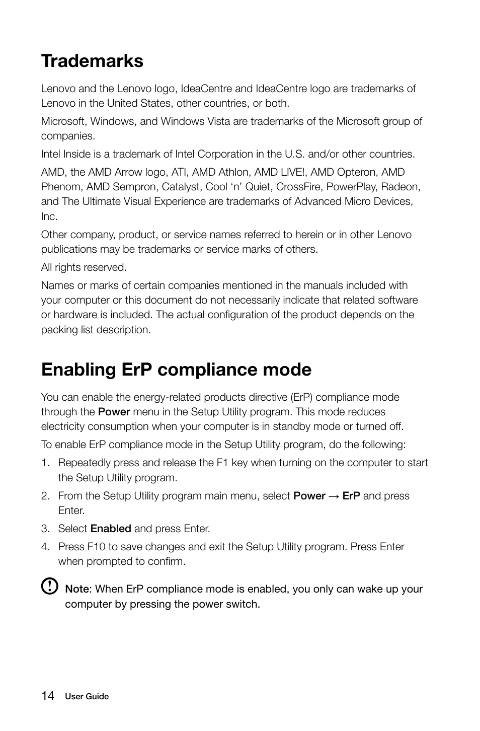 Trademarks, Enabling erp compliance mode | Lenovo IdeaCentre Q190 Desktop User Manual | Page 19 / 21
