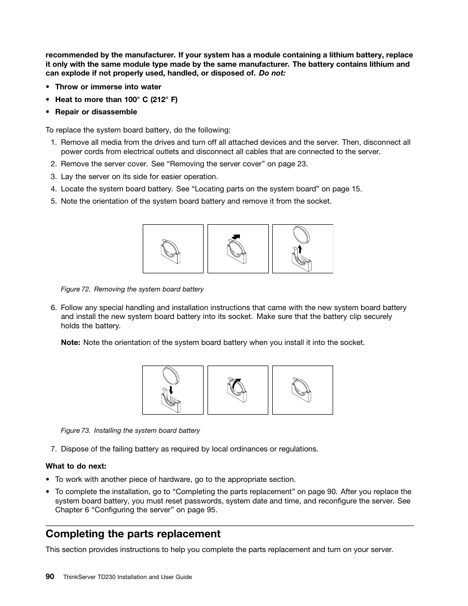 Completing the parts replacement | Lenovo THINKSERVER TD230 User Manual | Page 100 / 150