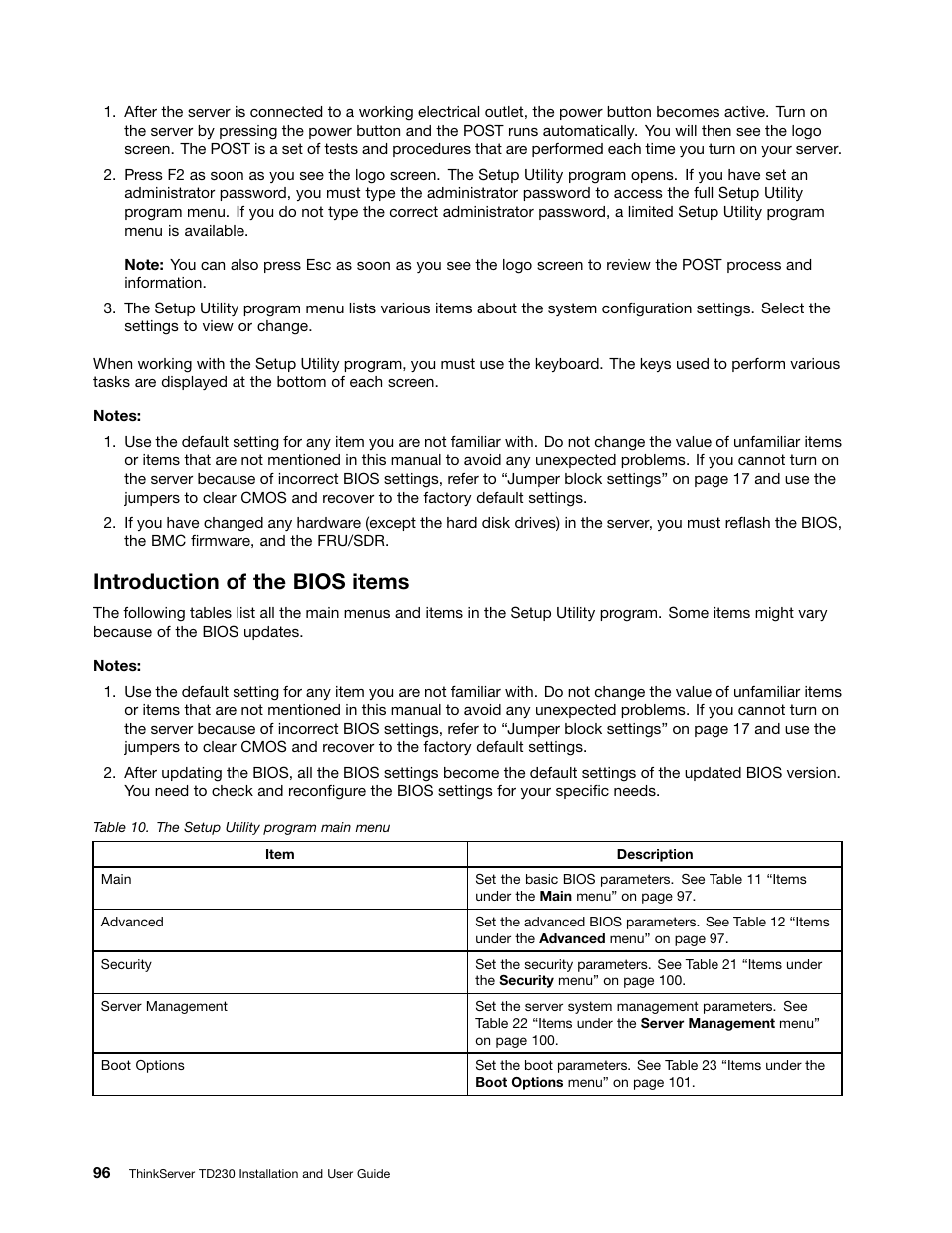 Introduction of the bios items | Lenovo THINKSERVER TD230 User Manual | Page 106 / 150