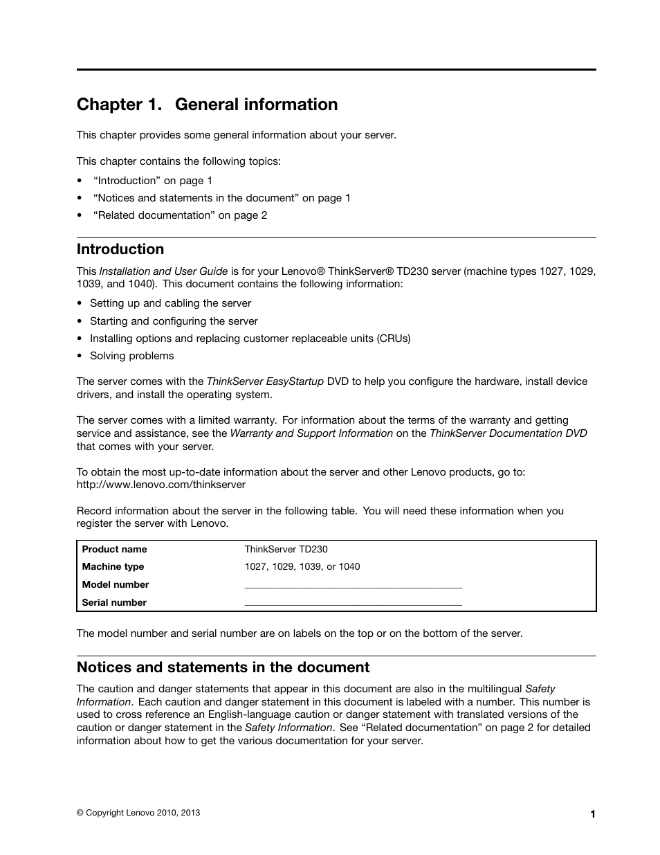 Chapter 1. general information, Introduction, Notices and statements in the document | Lenovo THINKSERVER TD230 User Manual | Page 11 / 150