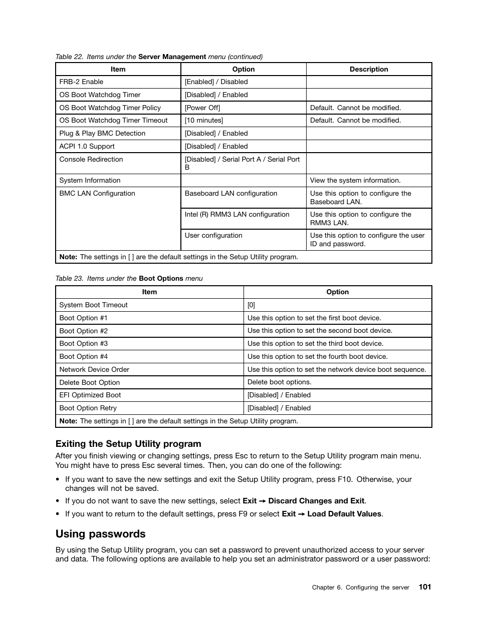Using passwords, Exiting the setup utility program | Lenovo THINKSERVER TD230 User Manual | Page 111 / 150