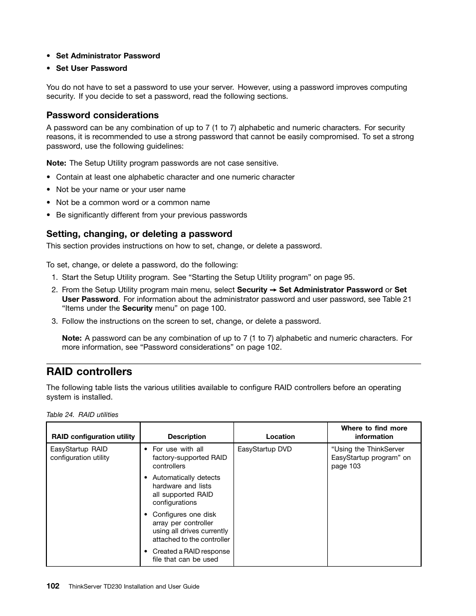 Raid controllers, Password considerations, Setting, changing, or deleting a password | Lenovo THINKSERVER TD230 User Manual | Page 112 / 150