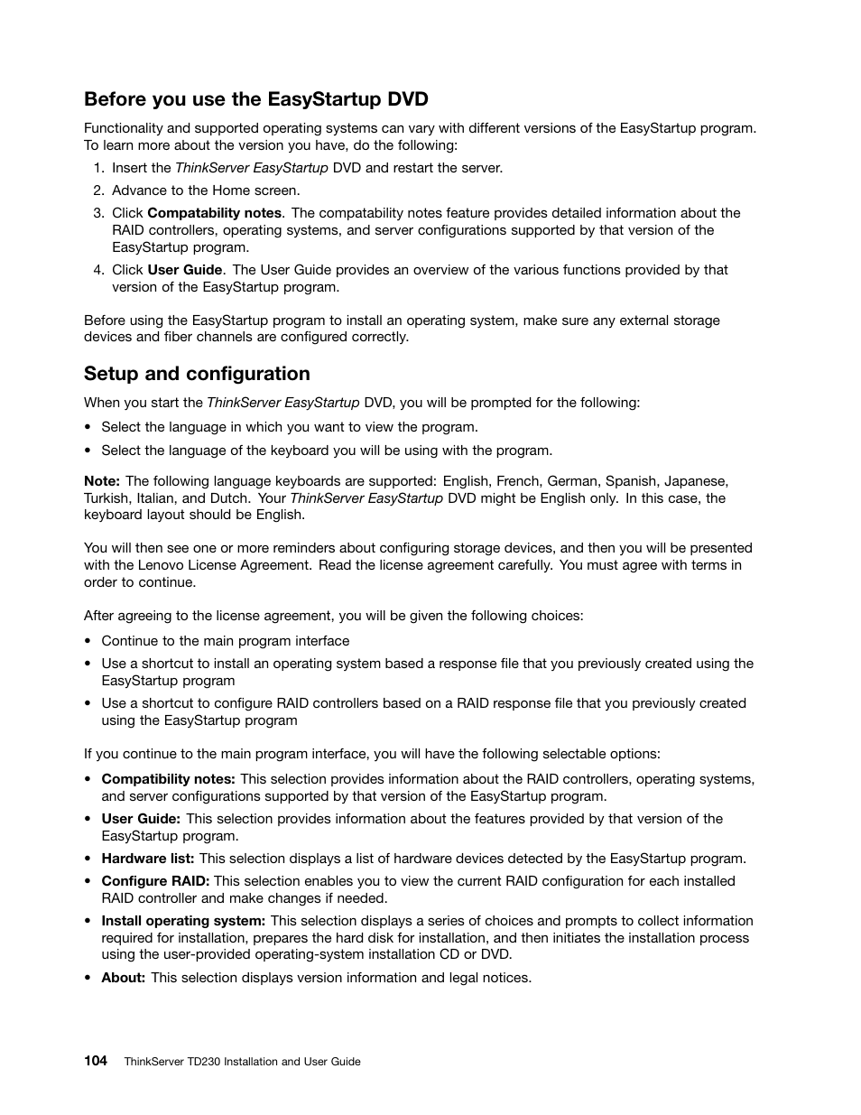 Before you use the easystartup dvd, Setup and configuration | Lenovo THINKSERVER TD230 User Manual | Page 114 / 150