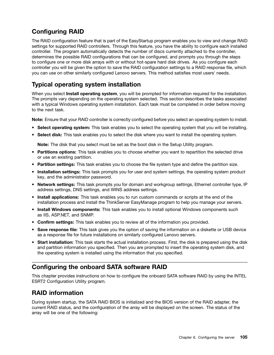 Configuring raid, Typical operating system installation, Configuring the onboard sata software raid | Raid information | Lenovo THINKSERVER TD230 User Manual | Page 115 / 150