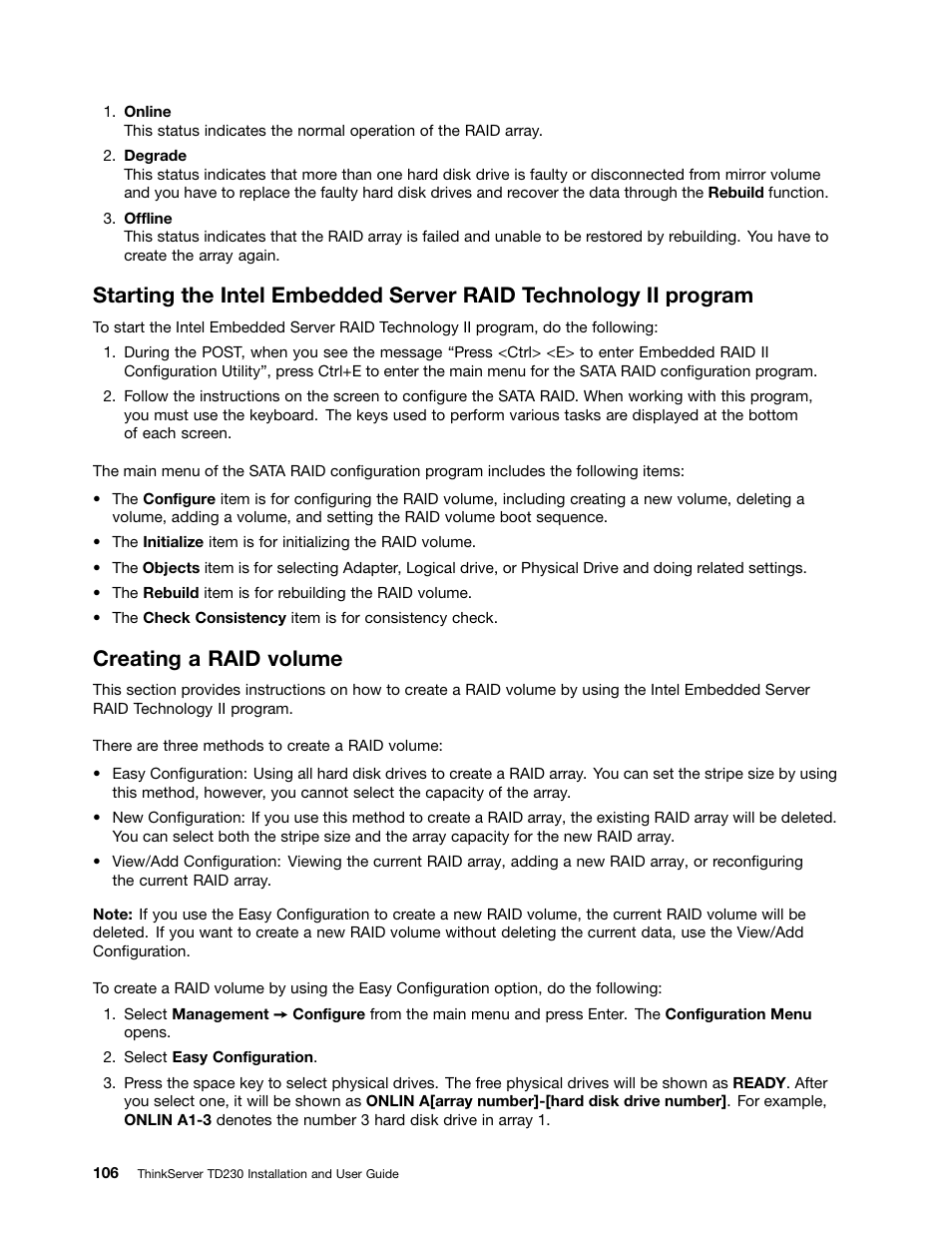 Creating a raid volume | Lenovo THINKSERVER TD230 User Manual | Page 116 / 150