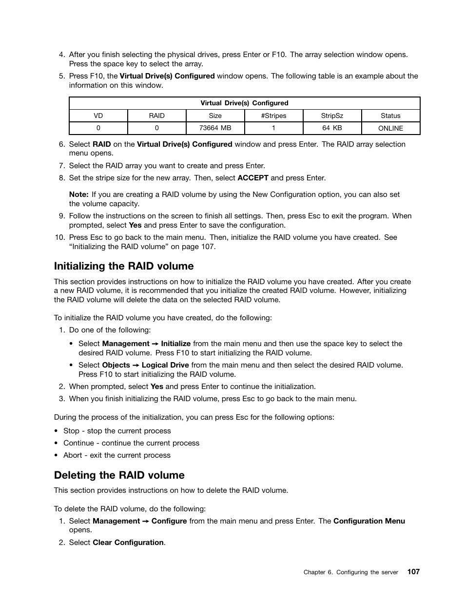 Initializing the raid volume, Deleting the raid volume | Lenovo THINKSERVER TD230 User Manual | Page 117 / 150